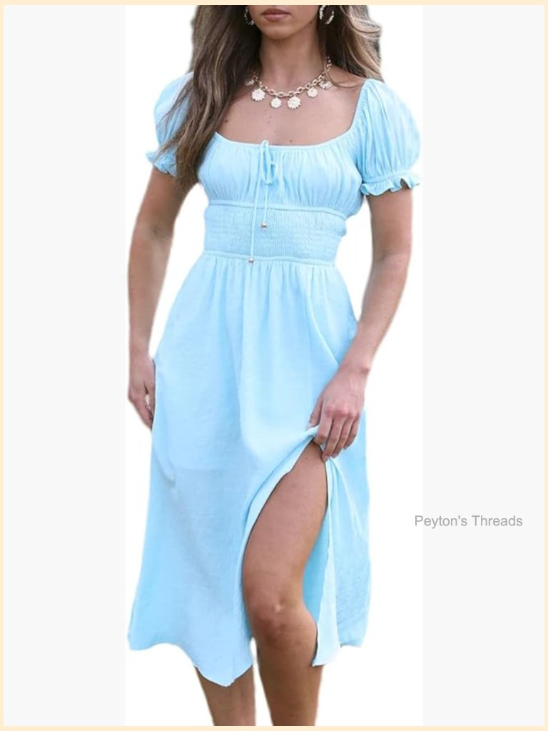 Women's Square Neck Puff Sleeve Smocked Midi Dress High Waist Flowy Shirred
